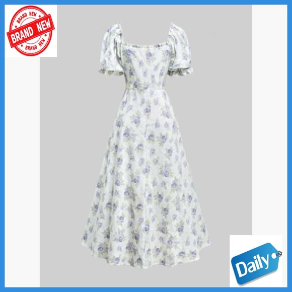 Plus Size Midi Dress with Square Neck Ruffles Floral Print Cottagecore Summer - Picture 4 of 6
